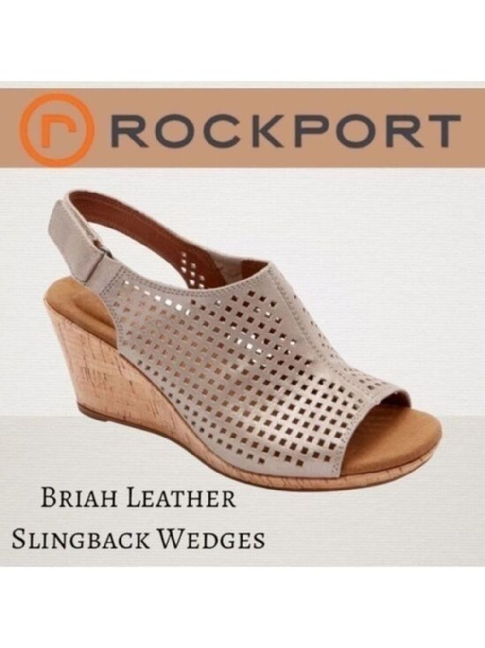ROCKPORT Briah Perforated LEATHER Shimmery Taupe Slingback Cork-Wedge Sandals
